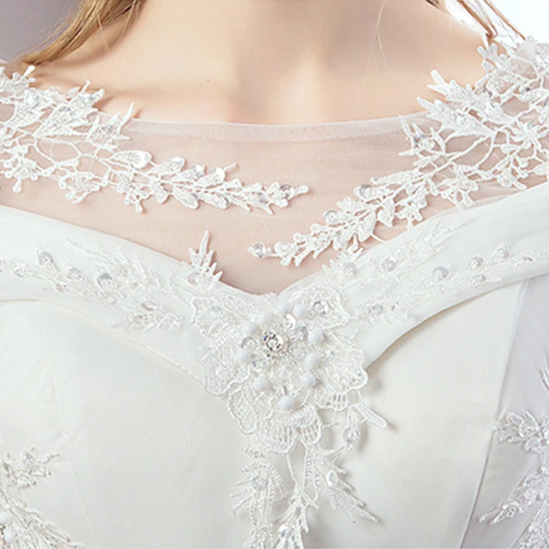 

Wedding Dresses Illusion O-Neck Short Lace Up Tulle Pearls Sequined Embroidery Luxury Court Train Elegant Women Bride Gown GB018