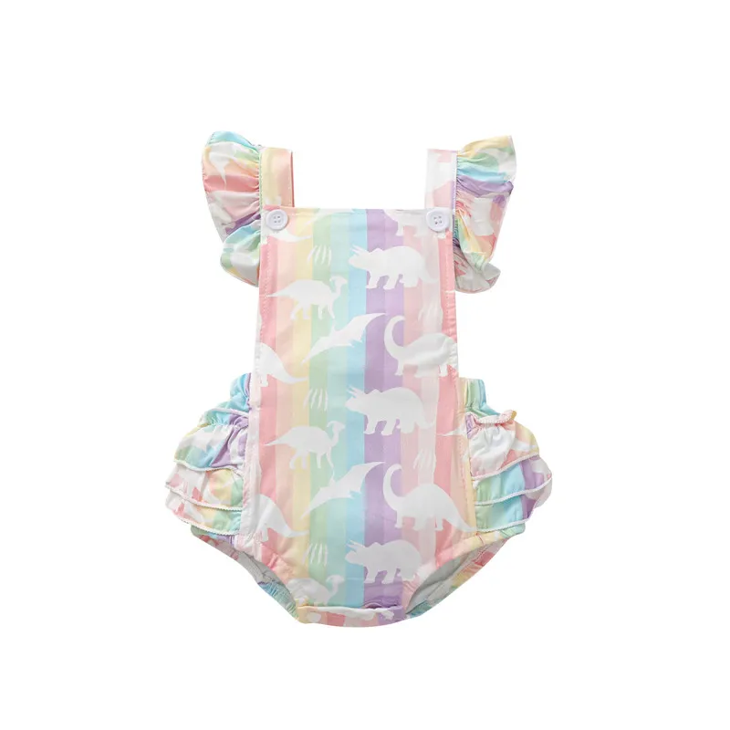 

Summer Infant Baby Girls Sweet Ruffles Fly Sleeve Romper Fashion Dinosaur Rainbow Stripe Backless Jumpsuits Clothes