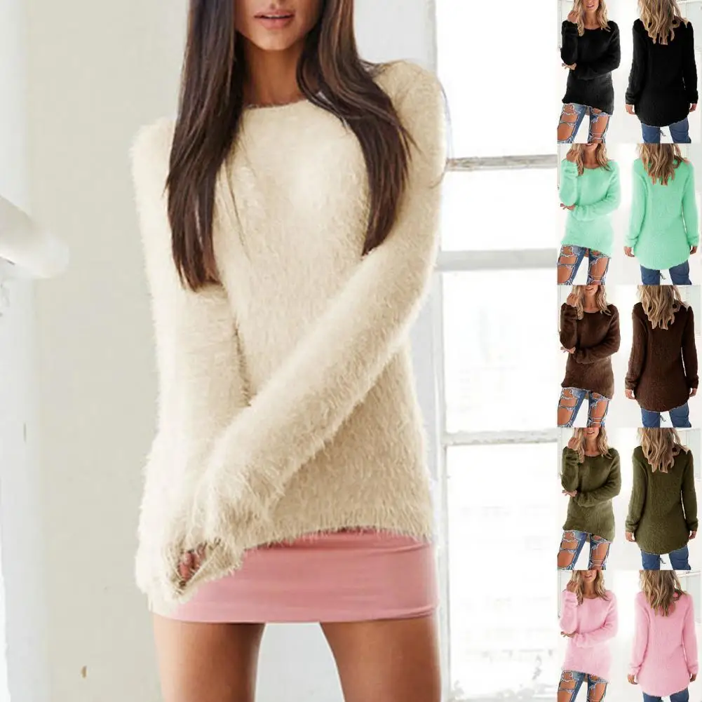 Women Sweater Solid Color Round Neck Soft Fluffy Irregular Hem Long Sleeve Knitted Pullover for Daily Wear