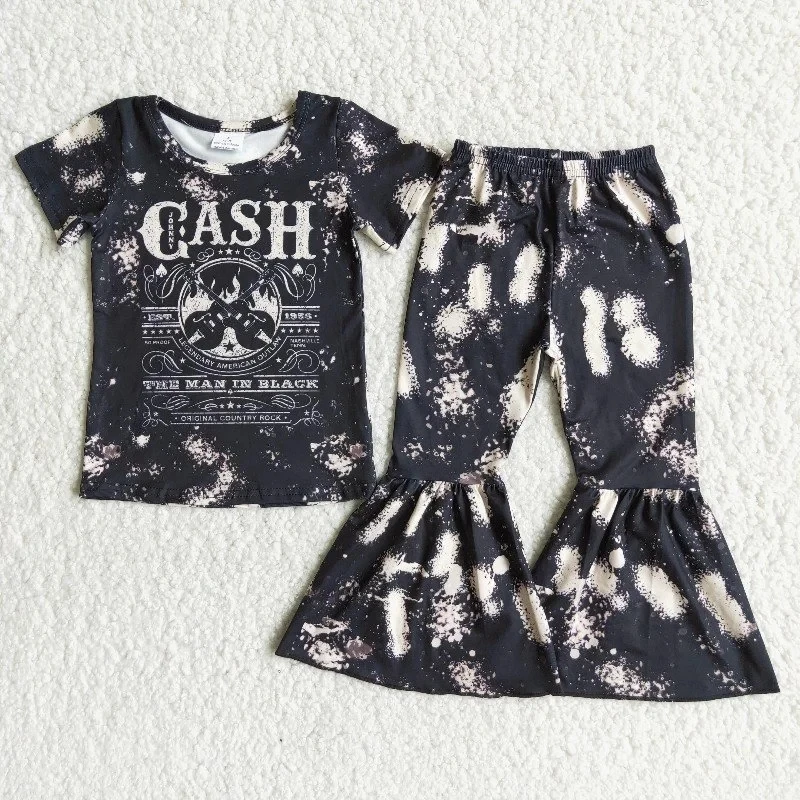 

Wholesale Children Baby Girl Boutique Clothing Black Tie Dye Short Sleeve Music Singer Shirt Sets Kids Bell Pants Fashion Outfit