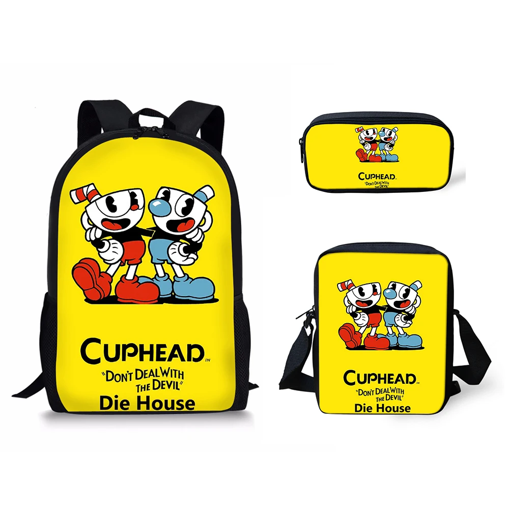 HALYUNASC 3PCs/Set Children's School Backpack Cuphead Pattern Kids School Bags Cartoon Anime Design Teenagers Book-Bags Set