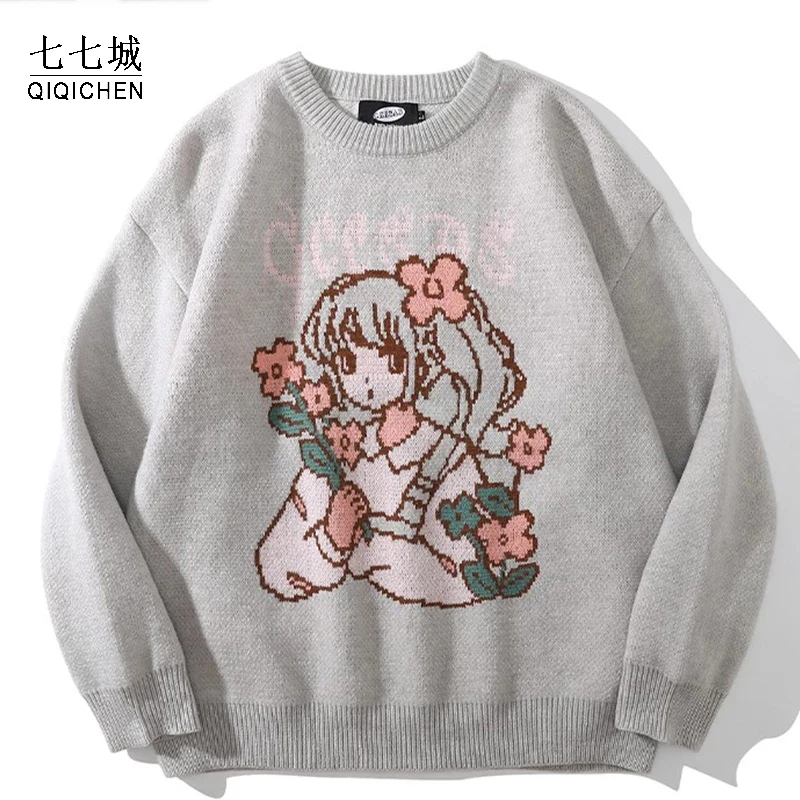 

Anime Girl Sweaters Women Japanese Harajuku Pullovers 2021 Autumn Streetwear Fashion Womens Kawaii Knitted Sweater Unisex Cotton