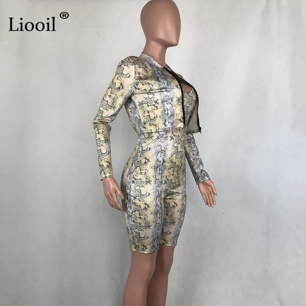 Liooil комплект из двух предметов, спортивный костюм, женские сексуальные Клубные наряды, осень, пальто со змеиным принтом с длинными рукавами и облегающие комбинезоны, комплекты для бегунов