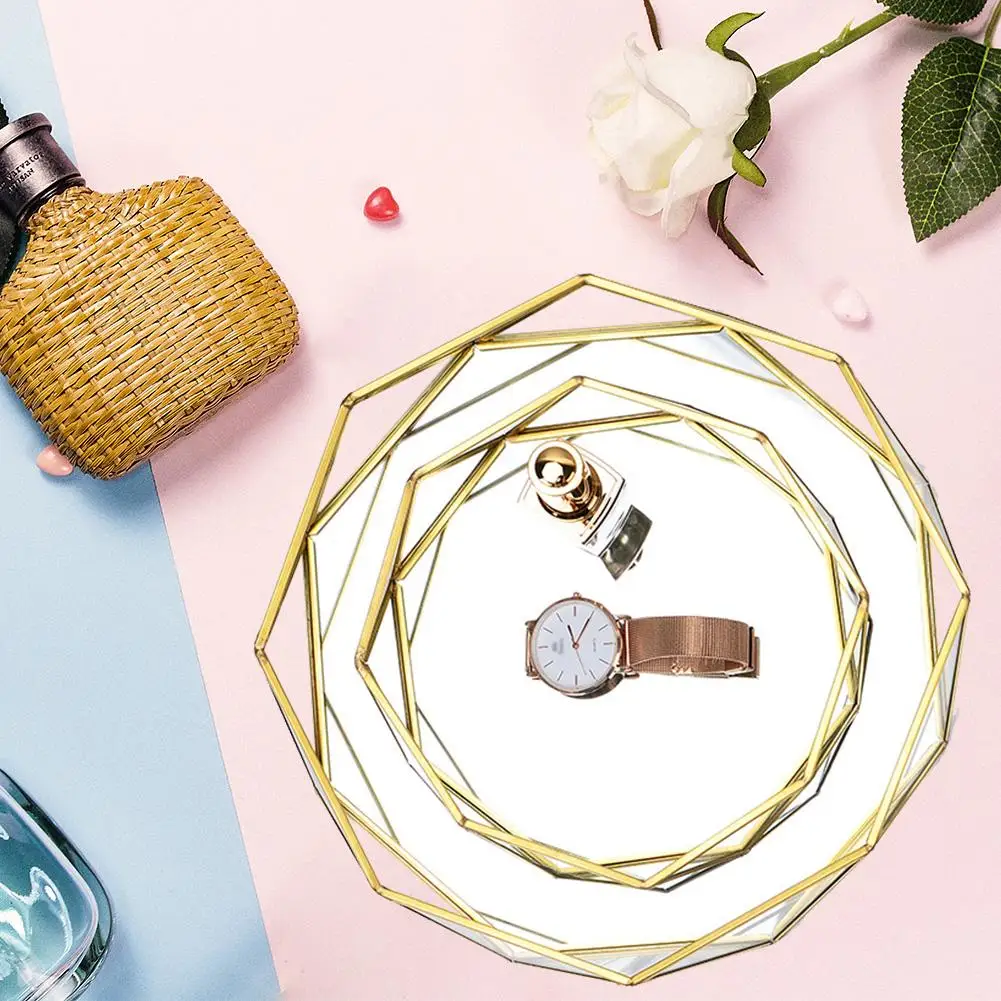 Ins Nordic Golden Western Cake Dessert Plates Geometric Round Glass Plate Cosmetic Jewelry Storage Tray Home Decoration cute | Дом и сад
