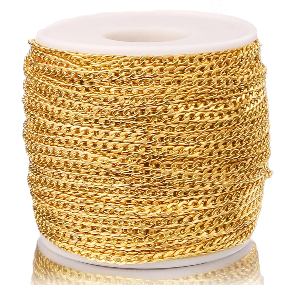 

2 Meters Gold Width 3mm Width Curb Link Chain Stainless Steel NK 1:1 Chain for DIY Handmade Necklace Bracelet Making Wholesale