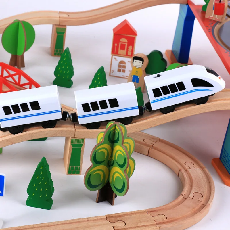 88pcs Montessori Wooden small train track set magnetic electric car head 3-7 years old boy building blocks children's toys