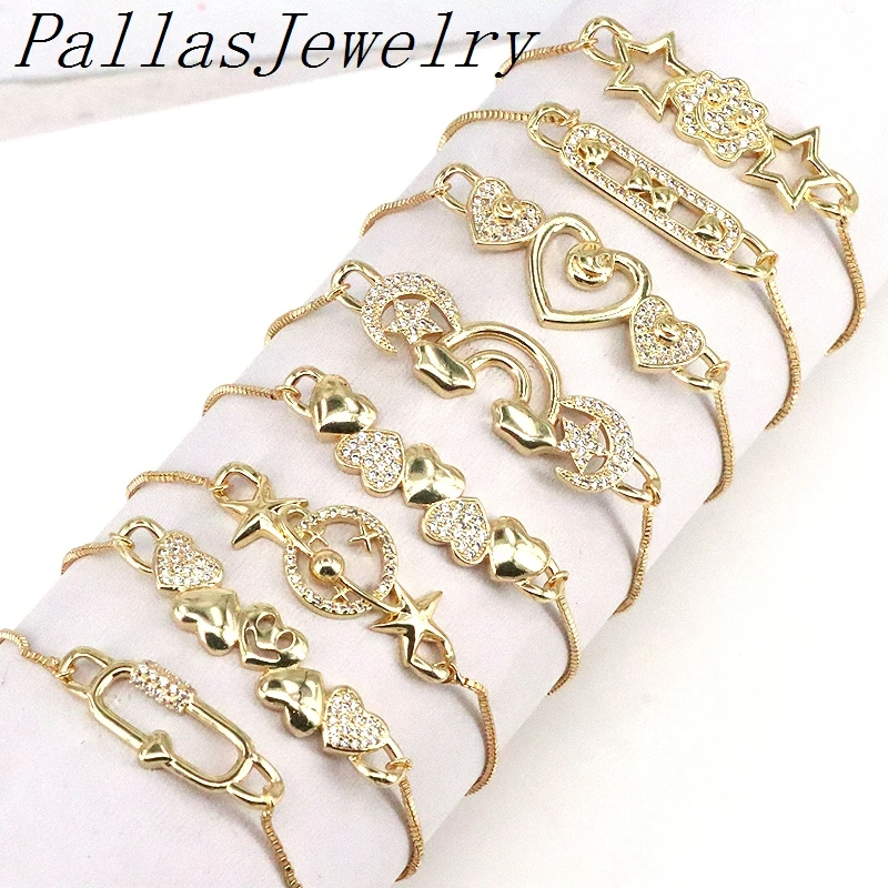

10Pcs Fashion Gold CZ Micro Pave Rectangle Bar Heart and Star Charm Bracelet with Link Chain Gift for Women Girl