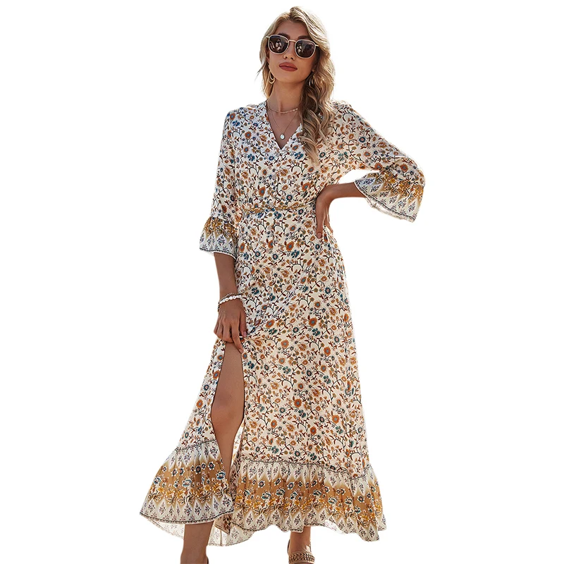 

2021 New Women Comfortable Floral Print Cotton and Linen Dress Plus Size Ladies Long Sleeve Loose Summer Dress Female Lace Up