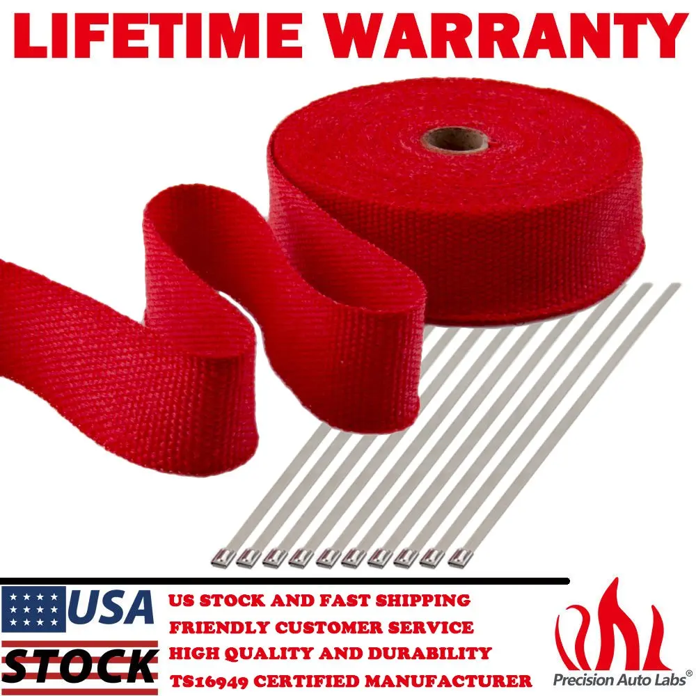 

2" x 50FT Exhaust Header Fiberglass Heat Wrap Tape w/ 10 Steel Ties Kit - Red