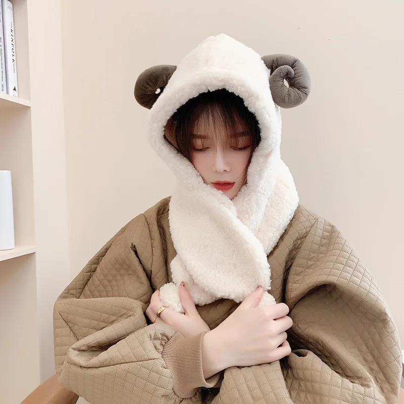 Kasure женская зимняя теплая плюшевая цельная шапка шарф с овечьими ушками меховая