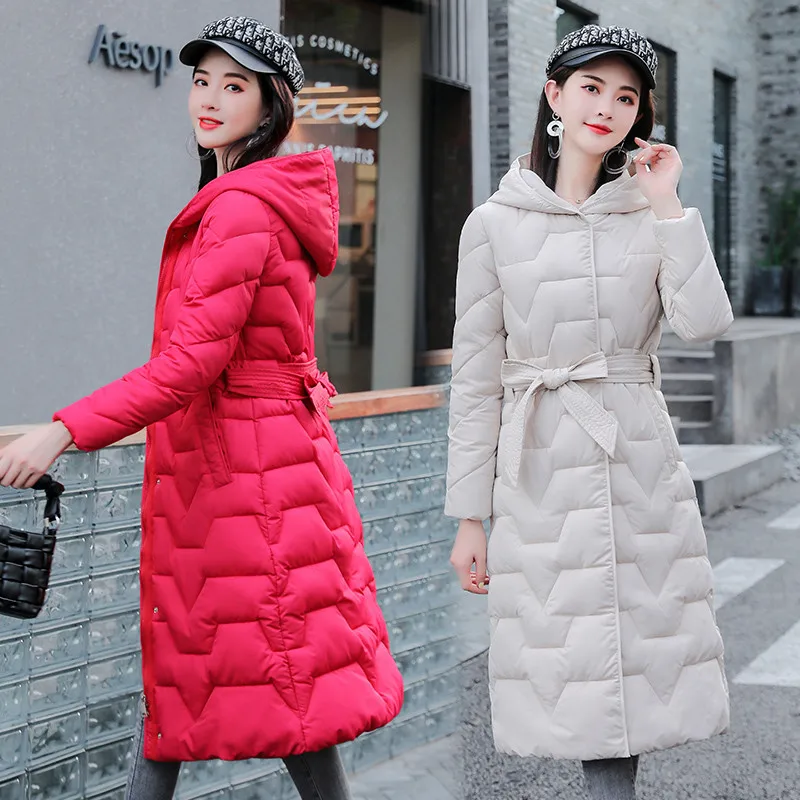 

Fashion Pink Women Winter Jacket Hooded Belt Long Down Cotton Clothes Parkas Female Thick Warm Coat Korean Slim Overcoat G1420