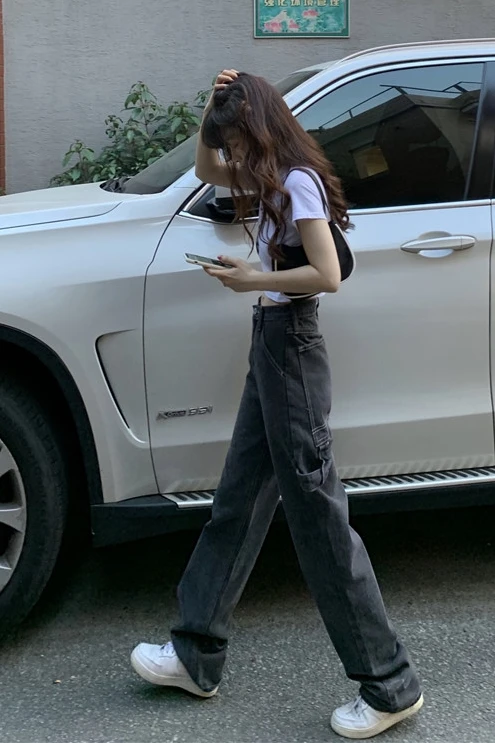 

Summer Spring Women Cargo Pants Jeans Loose High Waisted Thin Line Straight Tube Wide Leg Pants For Women