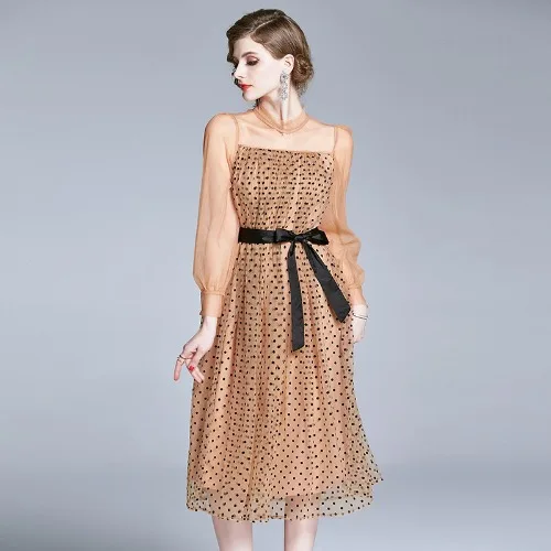 

High Quality Women Dresses Ladies Print dot Mesh Long Sleeve Mid-Calf Dresses Elegant Casual office Ladies Khaki Dress Evening