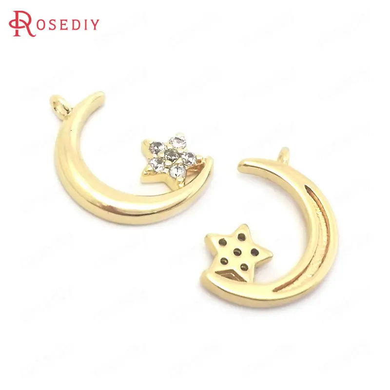 (38450)4PCS 9x13MM 24K Gold Color Brass and Zircon Moon and Star Charms Pendants High Quality Jewelry Making Supplies