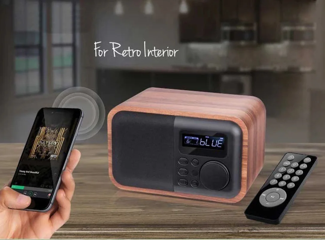 

Wooden Alarm Clock Bluetooth Speaker Box Remote Control Portable Subwoofer Soundbar FM Radio Music Center TF AUX U Disk Playback