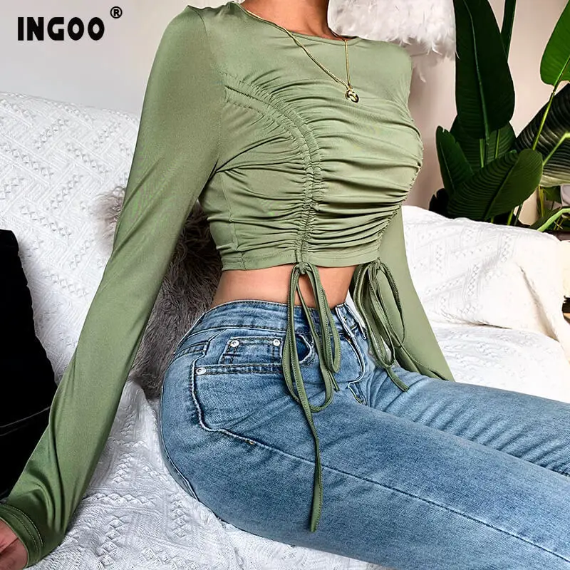 Женская футболка с длинными рукавами и рюшами INGOO Весенняя повседневная