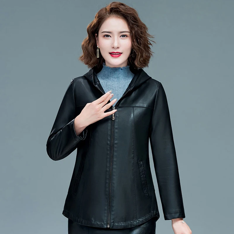Куртка женская демисезонная из искусственной кожи с капюшоном|Кожаные куртки| |