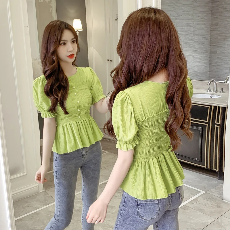 

Houthion Short-sleeved Women's Blouse Pure Color Stitching O-collar Korean Fashion Tops Casual Comfortable Chiffon Shirt