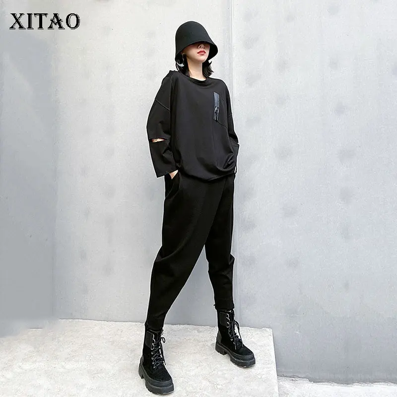 XITAO Harajuku шаровары свободного размера плюс Весна и осень черные с высокой талией