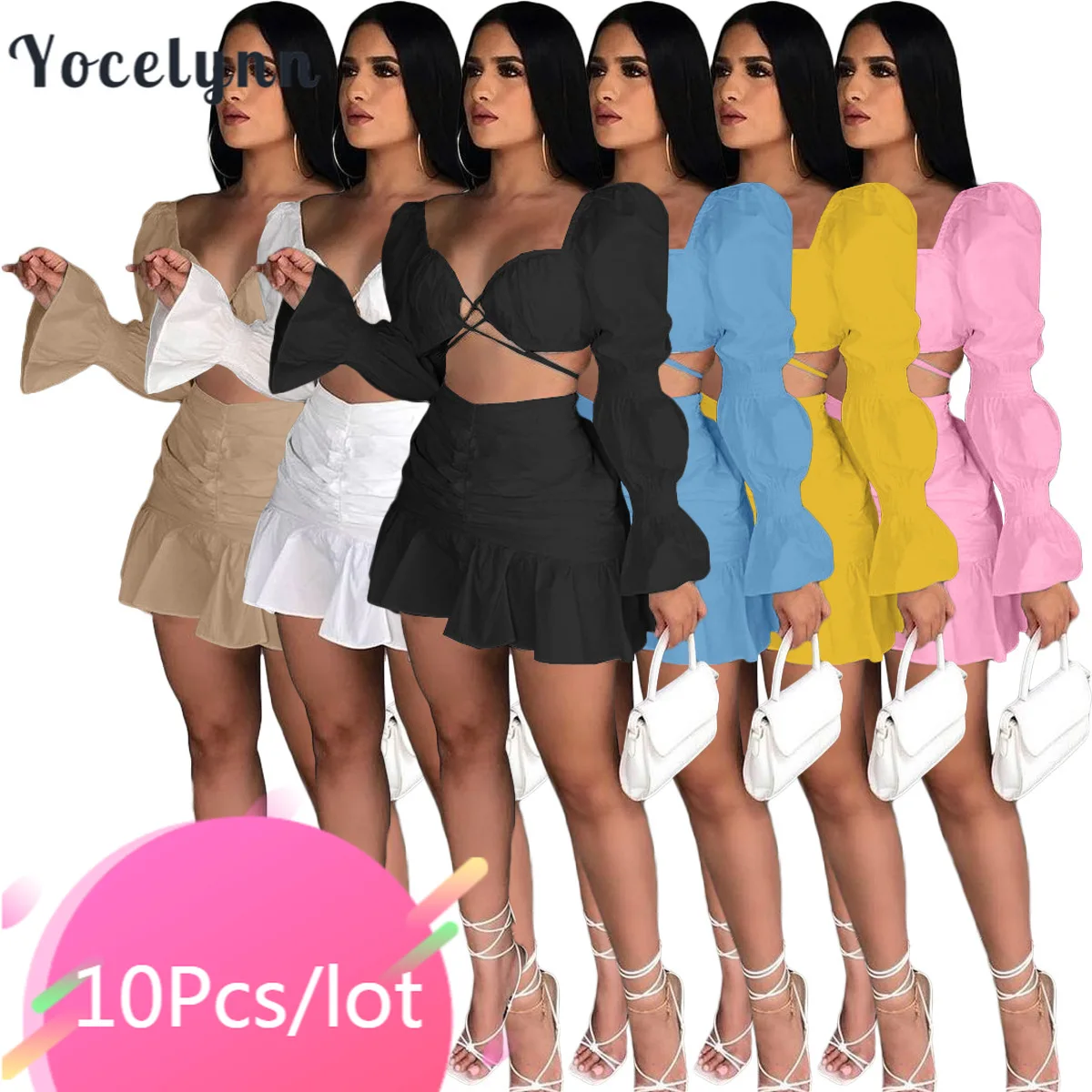 

10PCS Wholesale Item for Business White Womens Two Piece Skirt Set Cute Puff Sleeve Crop Top Mini Skirts Sexy Club Outfits Party