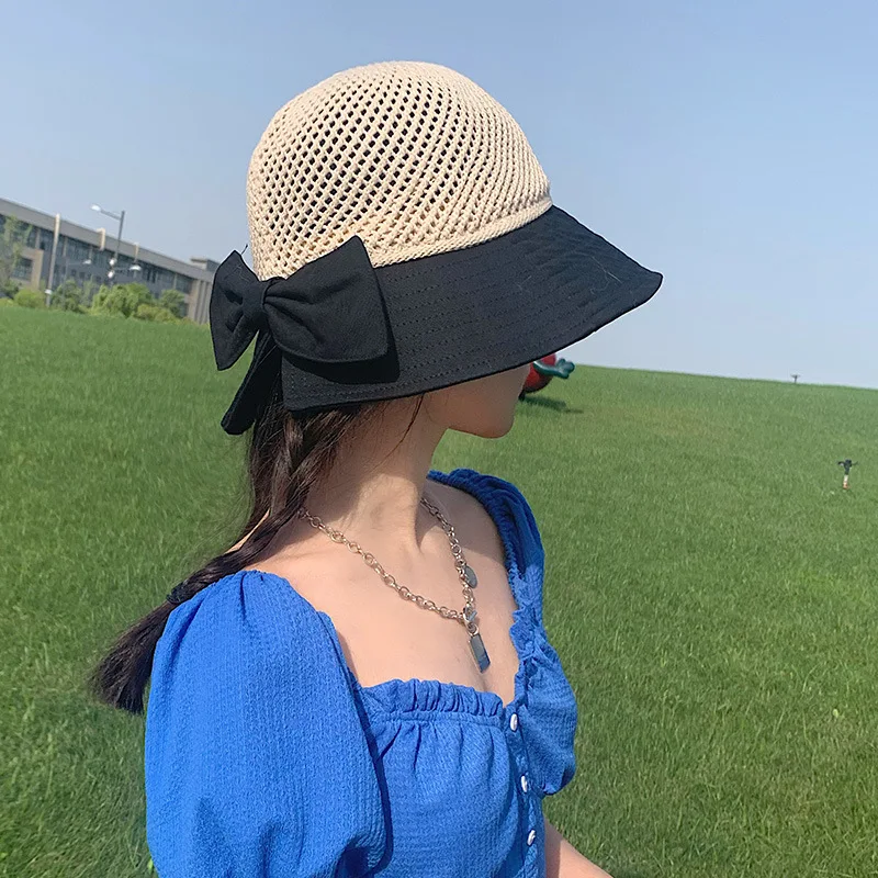 

Women'S Summer Hollow Out Outdoor Wide Brim Sun Protection Hats Beach Elegant Ladies Big Bow-knot Bucket Hat Foldable Sunhat Cap