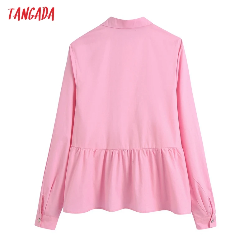 

Tangada 2021 Women Pink Ruffles Cotton Blouse Long Sleeve Chic Female Office Lady Shirt CE297