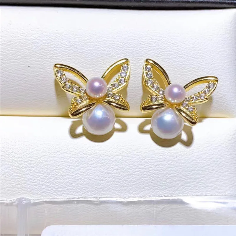 

Korean Style Butterfly Earring, Double Bead Design 6-7mm FreshWater Akoya Pearl,14k Gold Filled