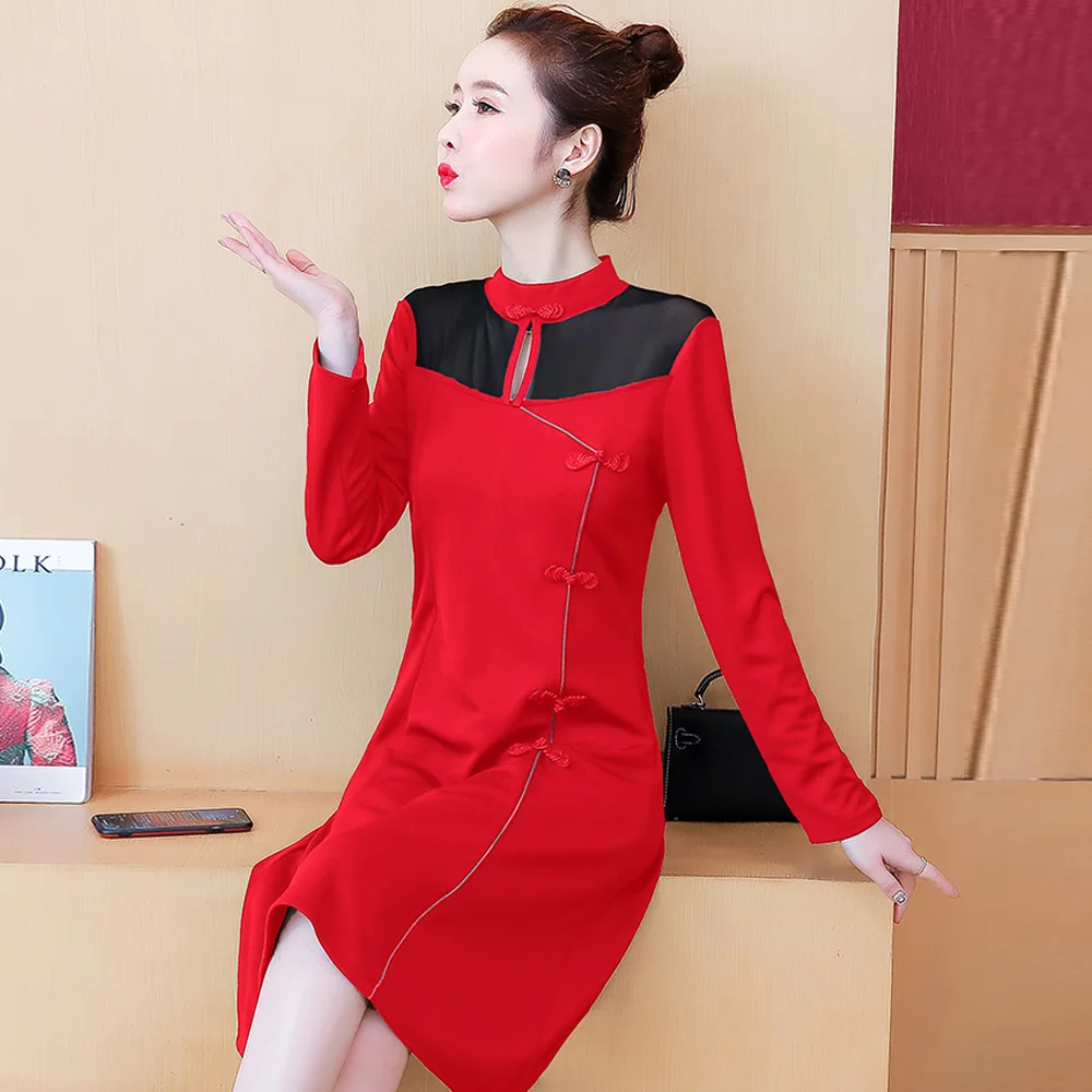 Красное китайское платье с длинным рукавом чонсам 3XL 4XL модная повседневная