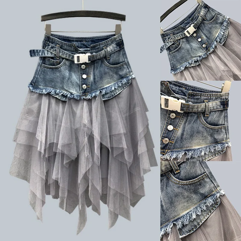 

Xfhh NEW Women Denim Mesh Patchwork Lace Skirt High Waist A Line Asymmetric Frill Tulle Gothic Chic Skirts