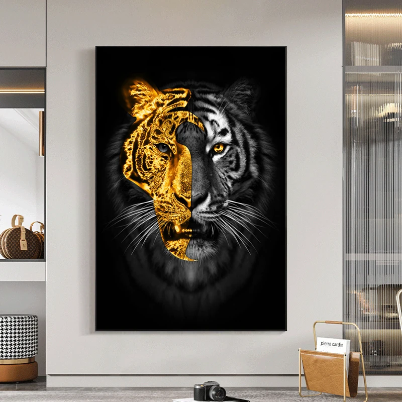 

Animals Art Gold Black Lion Paintings on Canvas Wall Pictures for Living Room Decor Wall Art Canvas Posters Prints Home Cuadros