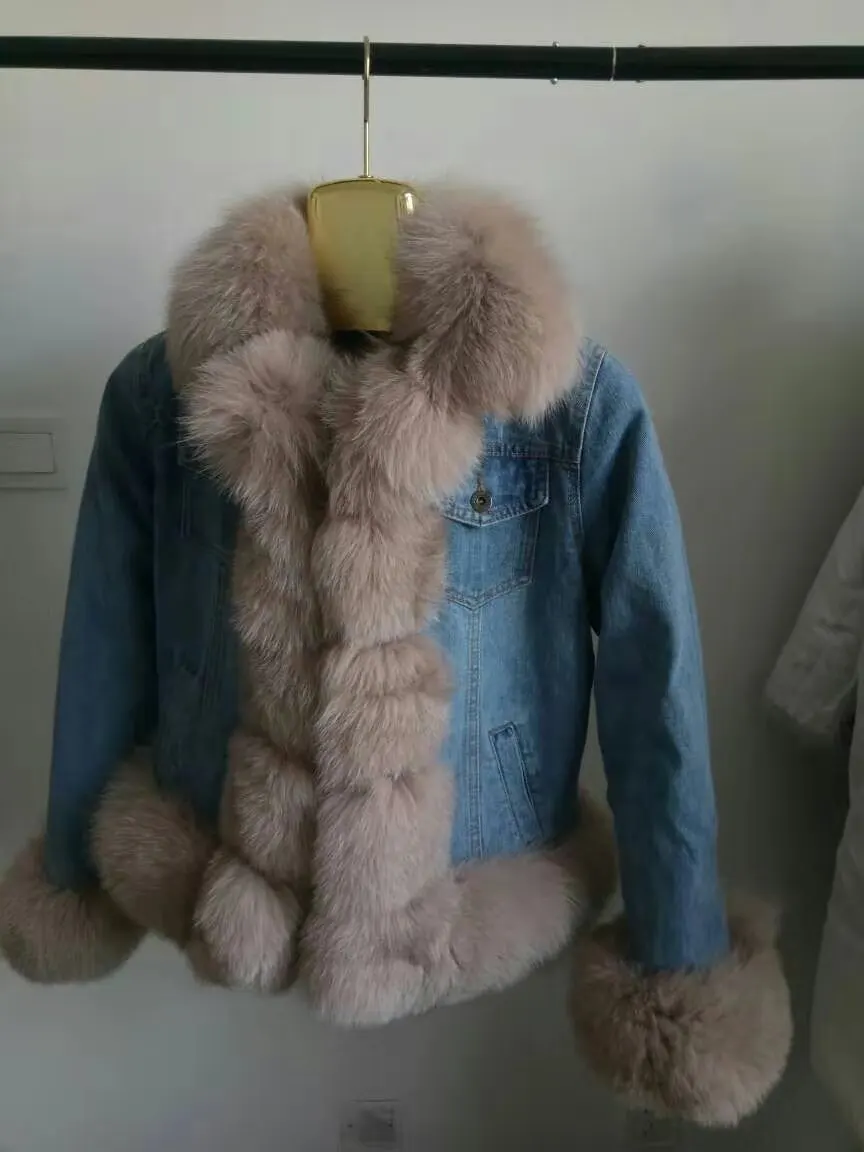 Pink fur Женская джинсовая куртка из натурального Лисьего меха, костюм Parker из натурального меха кролика, зимняя теплая Модная Повседневная одежда в европейском стиле - Цвет: Pink fur
