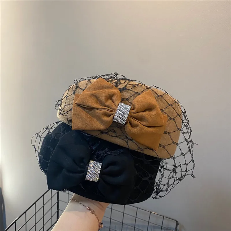 

202110-wei autumn winter wool rhinestone Net yarn grace bowknot lady beret hat women Leisure painter hat