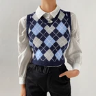 2020 год, стиль coreano com decote em v do vintage geomo argyle curto colete, пуловеры topos camisola coleteoutono malha colete