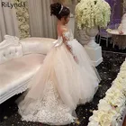 Платье с цветочным узором для девочек на свадьбу, бальное платье из тюля с длинными рукавами и кружевной аппликацией, маленькие платья для первого причастия