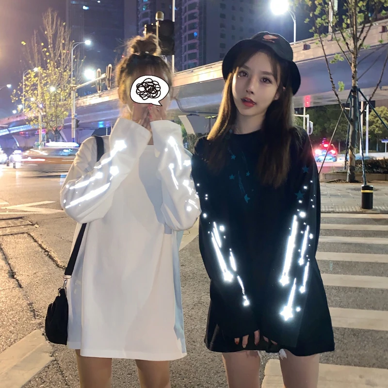 Harajuku светоотражающий принт с длинным рукавом корейская мода Женская одежда roupas Свободные повседневные футболки весна новые женские топы ulzzang
