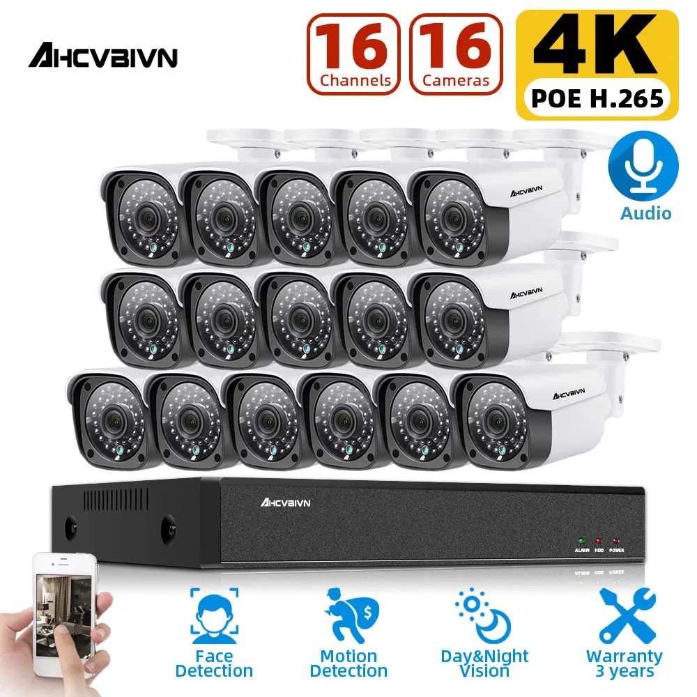 

Комплект уличной водонепроницаемой IP-камеры видеонаблюдения H.265 + 16CH 8MP AI с записью лиц 4K NVR