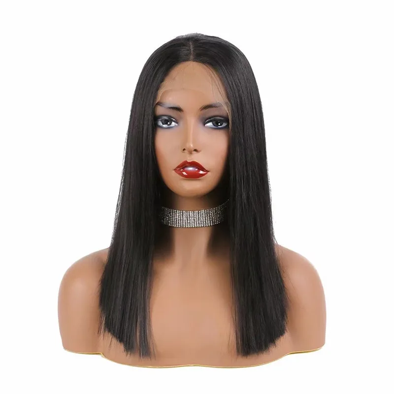 14-16   180% Density Short Cut Bob Straight Synthetic Lace Front Wig For Black Women Daily Cosplay Baby hair Natural Hiarline