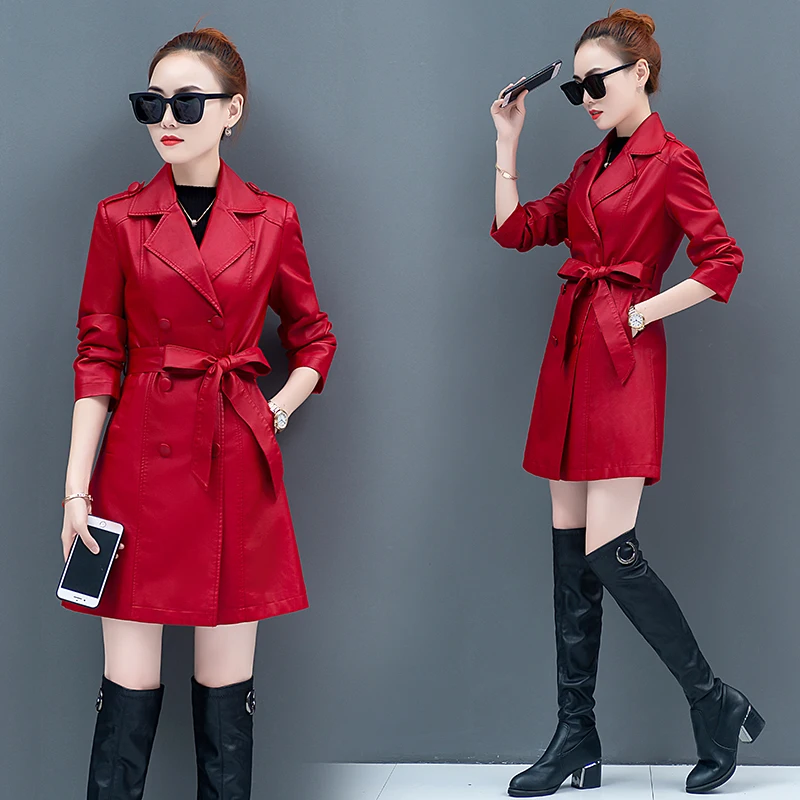 Специальный размер 5XL Женская Весенняя кожаная куртка средней длины