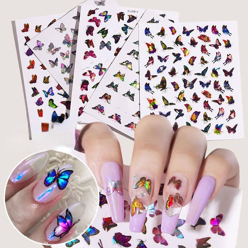 

Laser Butterfly Nail Stickers Self Adhesive Sliders Colorful Simulation Bronzing Nail Art Stickers for Nails Decoration