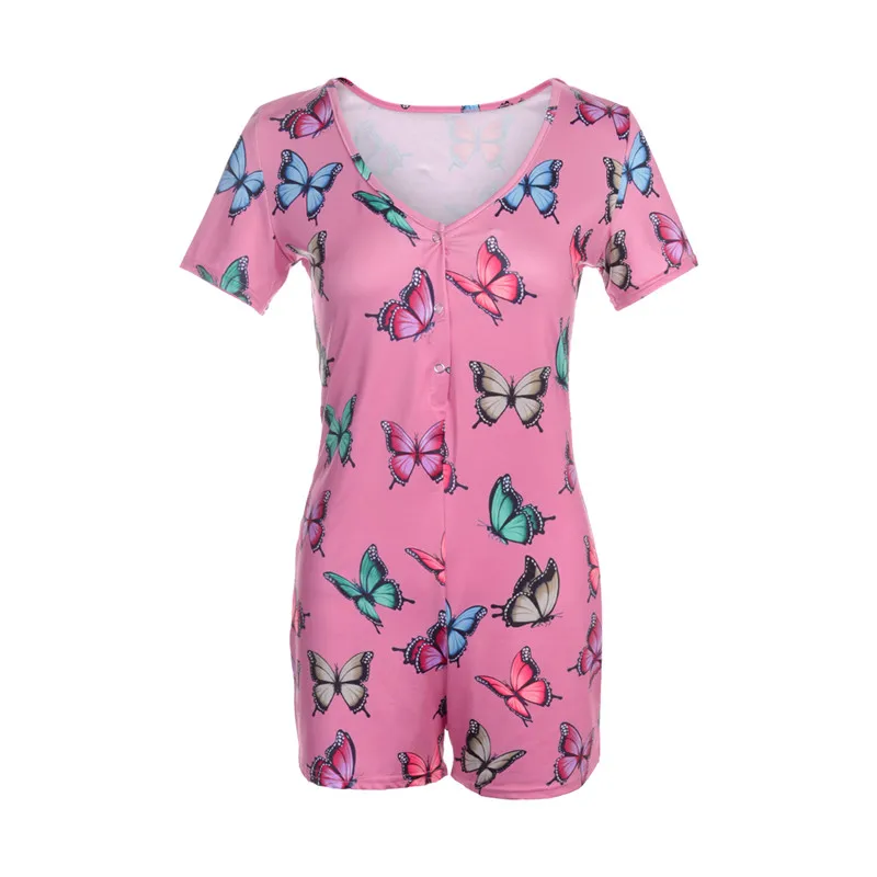 

2020 Women V-Neck Short Rompers Leotard Casual Butterfly Printed Button Sleepwear Jumpsuit Bodycon Bodysuit Playsuit Summer