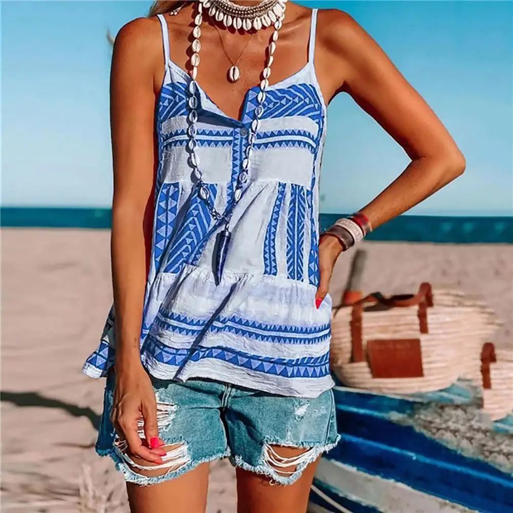 

Hot Sales Women Camisole Spaghetti Straps Polyester Stripes Button Sleeveless Blouse Loose Tanked Top Vest for Summer
