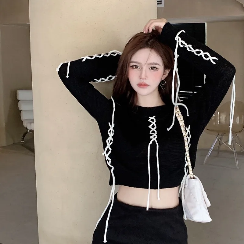 

Casual Crop Top Korean Style Loose Drawstring Bandage Knitted Woman Sweaters Autumn Winter Jumpers Black Lace Up Pullovers New