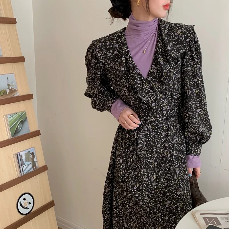 

В Корейском стиле ретро шик анти-старения с v-образной горловиной и цветочным рисунком воланом на холостом ходу Стиль платье + с высоким, пло...