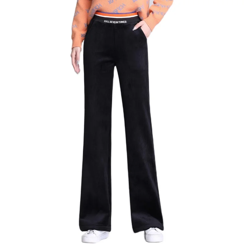 

New Elegant Fashion Women Autumn Winter velvet wide-leg pants plus velvet high-waist slim loose micro-flare Pants