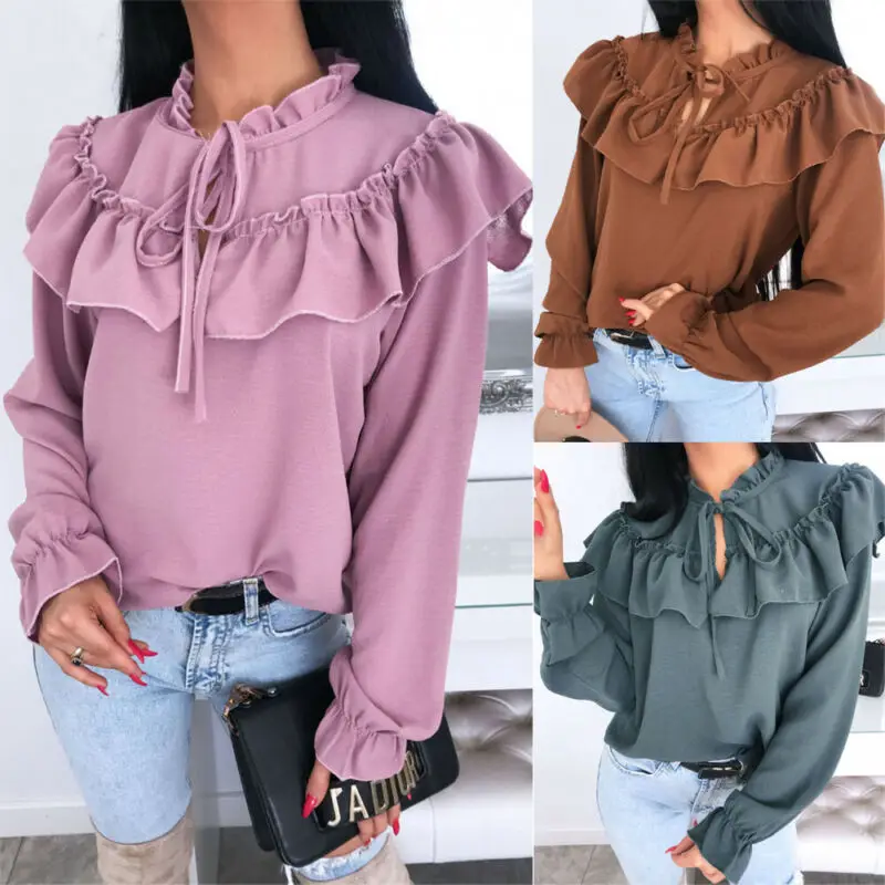 NoEnName_Null Summer Vintage Women Chiffon Blouse Shirt O-Neck Long Sleeve Female Tunic Casual 2020 Clothing 50cs | Женская одежда