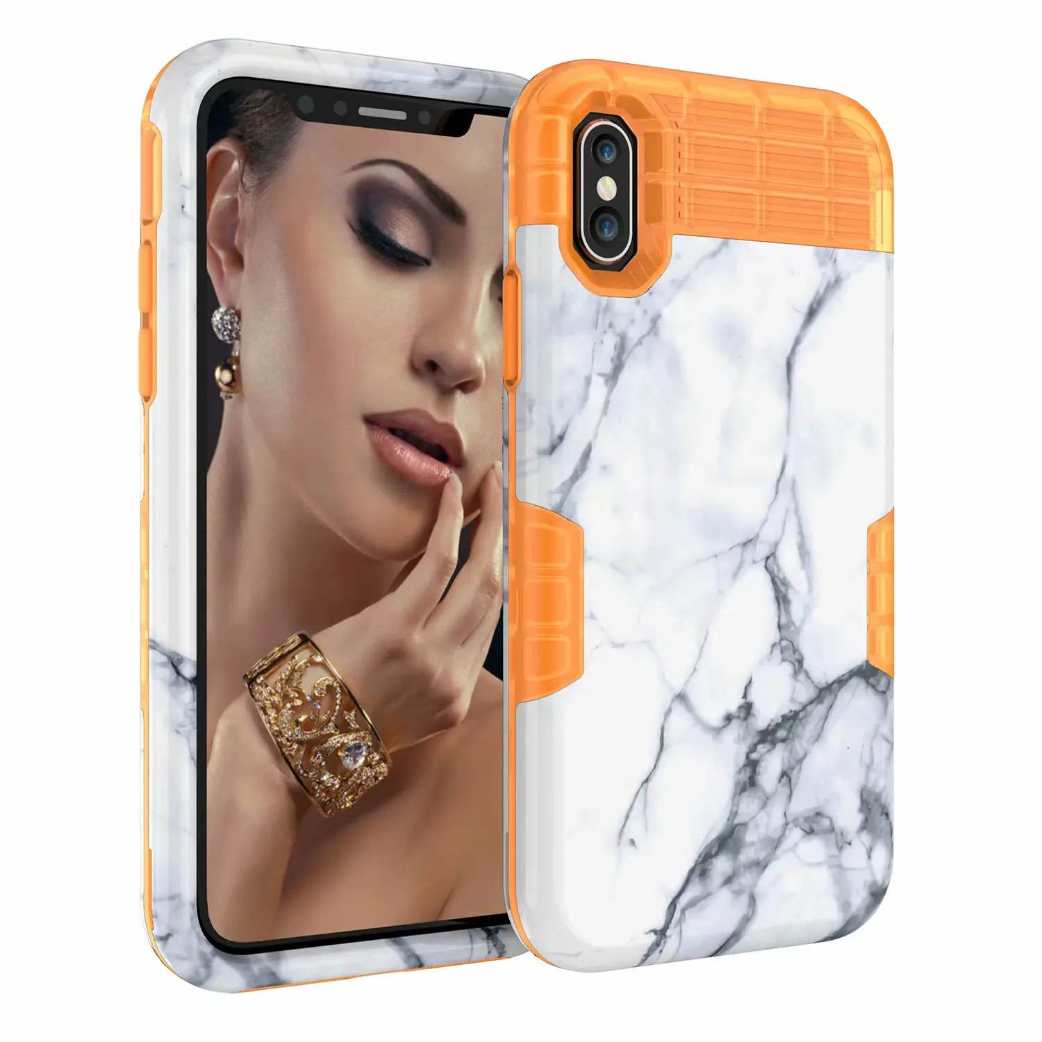 Оранжевый Чехол с мраморным рисунком для Apple iPhone XS Max XR X 8 7 6S 6 Plus пластик+ силикон противоударный милый тройной защитный чехол - Цвет: Оранжевый