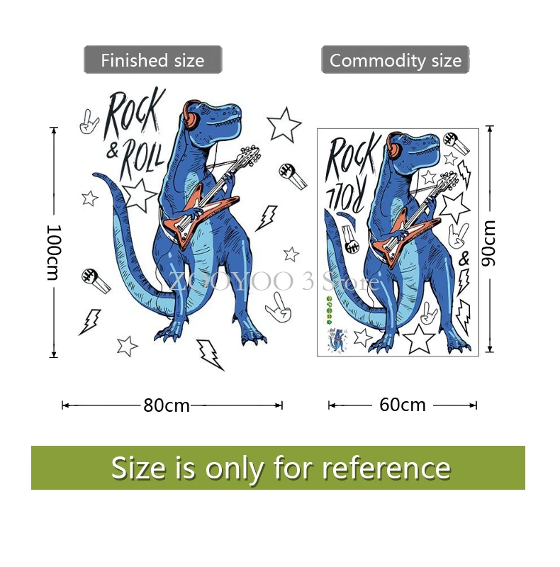 Rock Roll Dinosaur Wall stickers For Kids Room Cartoon Animals Home Decor Art Viny PVC Wallpaper Creative Door Refrigerator Deco |