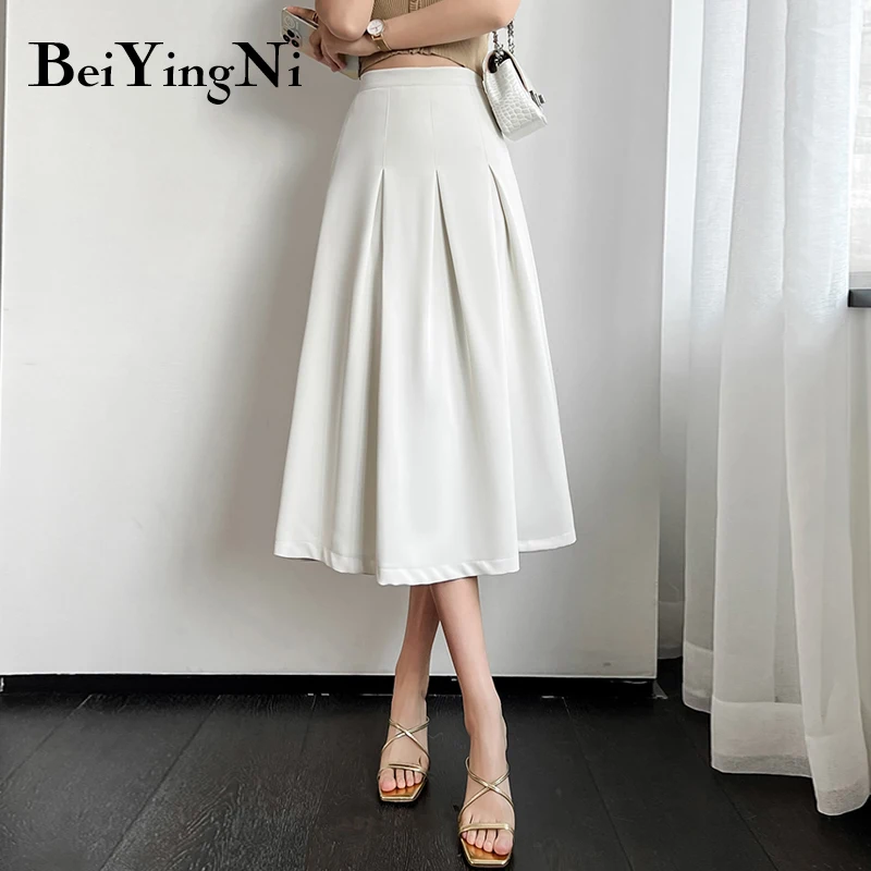 

Beiyingni Elegant Pleated Midi Skirts Womens Solid Color Korean Casual Fashion Slim High Waist A-line Skirt Ladies Chic Black