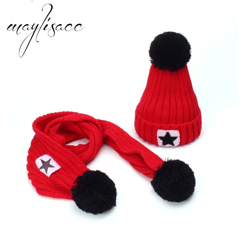Maylisacc 7 цветов зима теплая вязаная шапка Кепки с шарфами утолщенной шерсть для 3 до
