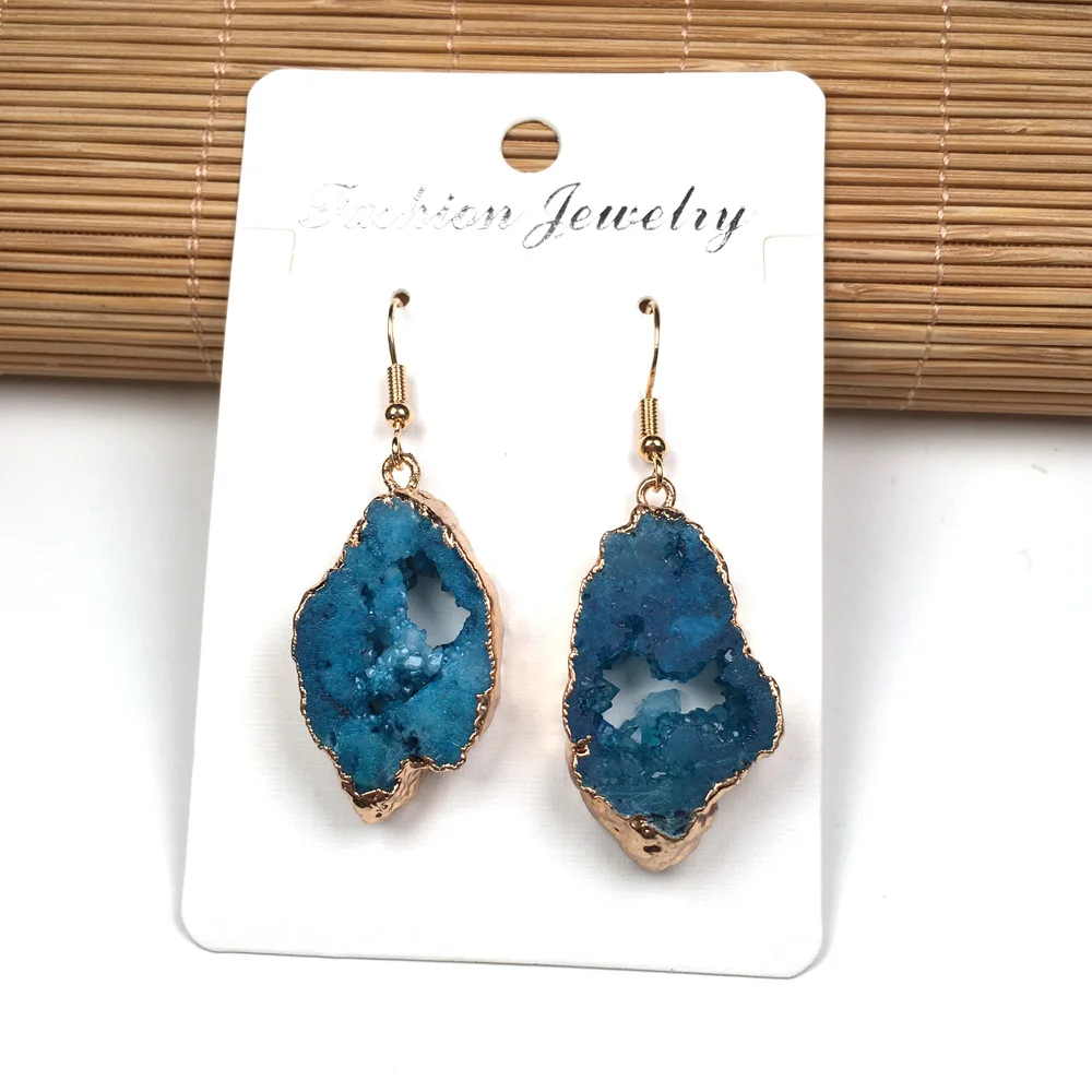 2020 wholesale New Women Nature Stone Earrings Stud Jewelry blue Handmade long irregular shape quartz Earring | Украшения и